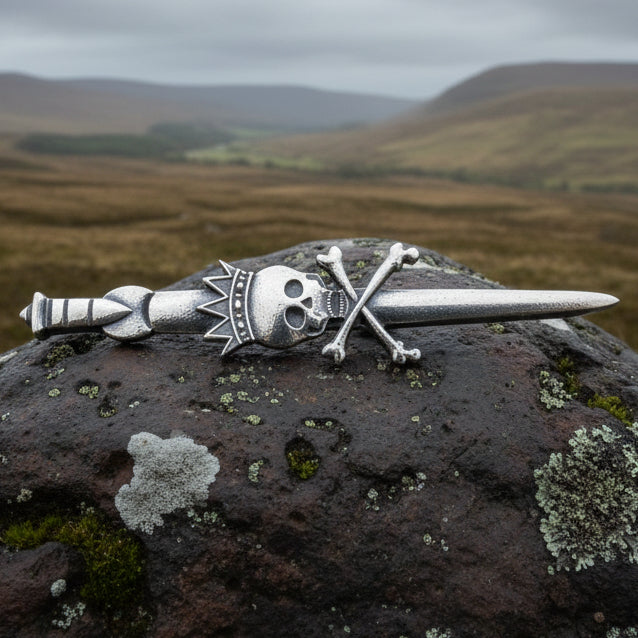 Skull Kilt Pin, King Death Pin, Scotland Kilt Pin, Scottish Brooch, Gothic Brooch, Viking Pin, LARP Gift, Macabre Pin, Skull and Cross Bones
