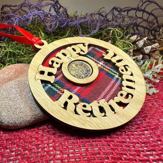 Retirement Gift, Lucky Sixpence, Scotland Gift, Happy Retirement, Tartan Gift, Christmas Ornament, Good Luck Gift, Oak Wood Plaque, Scottish