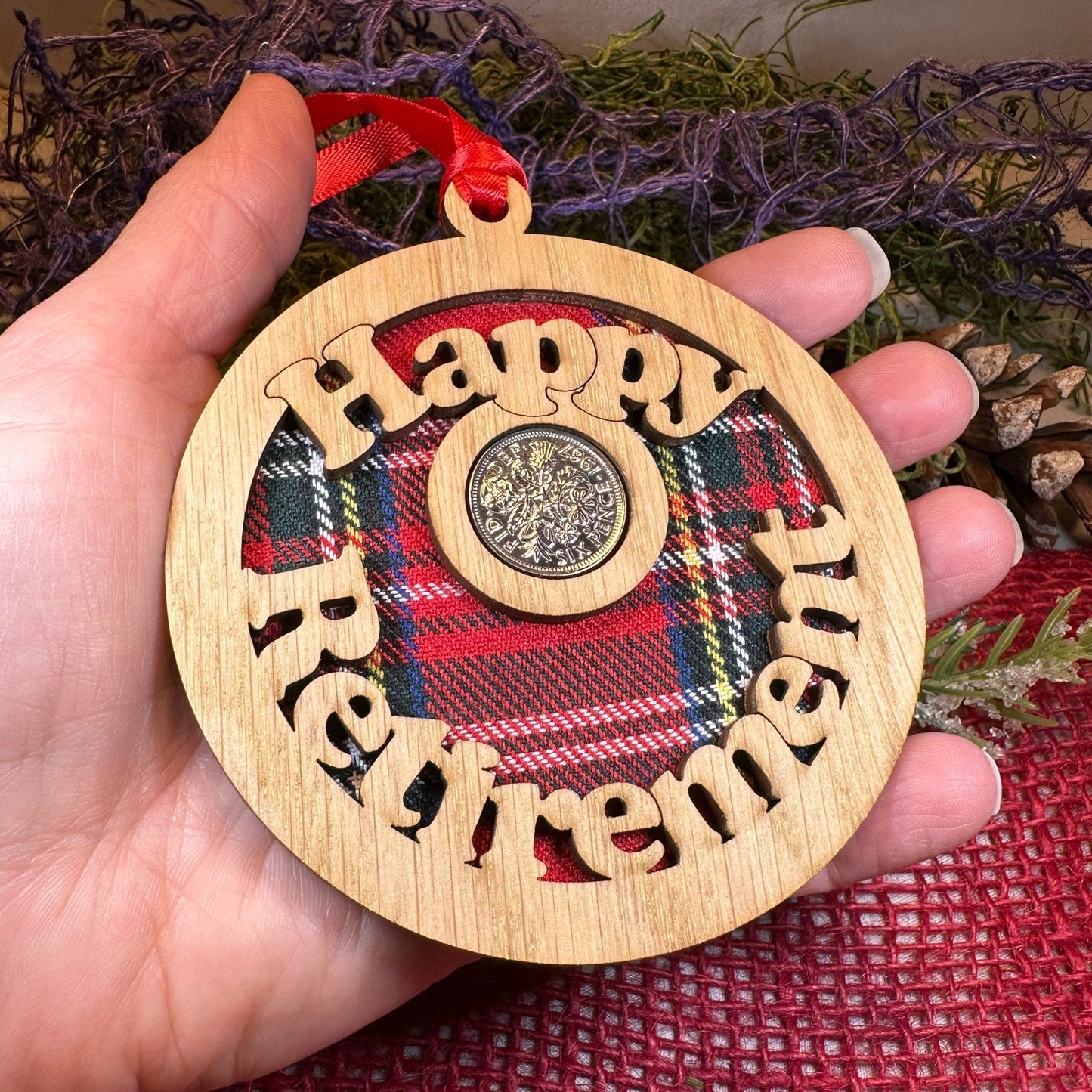 Retirement Gift, Lucky Sixpence, Scotland Gift, Happy Retirement, Tartan Gift, Christmas Ornament, Good Luck Gift, Oak Wood Plaque, Scottish