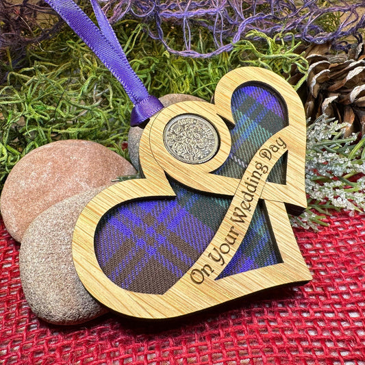 Wedding Gift, Lucky Sixpence, Scotland Gift, Gift for Bride, Tartan Gift, Christmas Ornament, Good Luck Gift, Oak Wood Plaque, Groom Gift