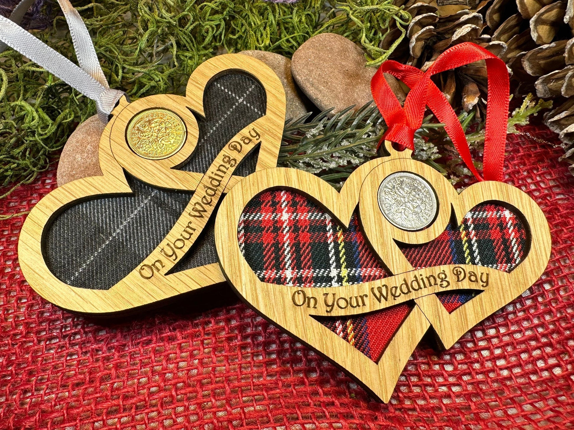 Wedding Gift, Lucky Sixpence, Scotland Gift, Gift for Bride, Tartan Gift, Christmas Ornament, Good Luck Gift, Oak Wood Plaque, Groom Gift