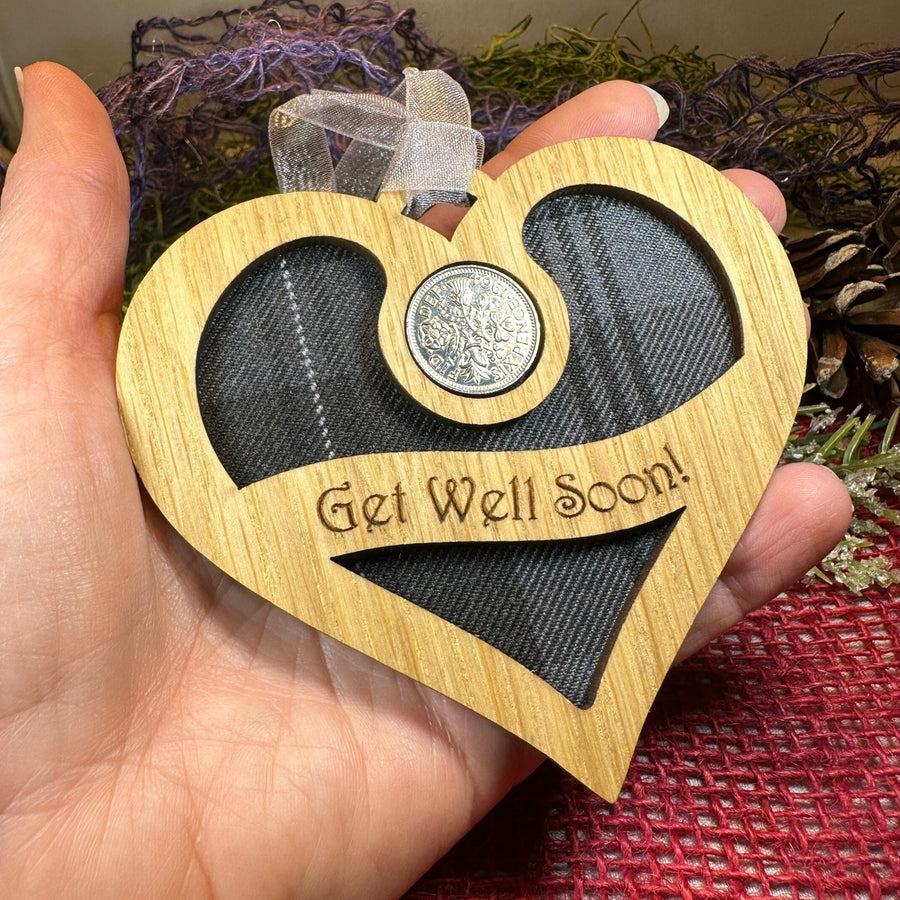 Get Well Gift, Lucky Sixpence, Scotland Gift, Thinking of You, Tartan Gift, Christmas Ornament, Good Luck Gift, Oak Wood Plaque, Recovery