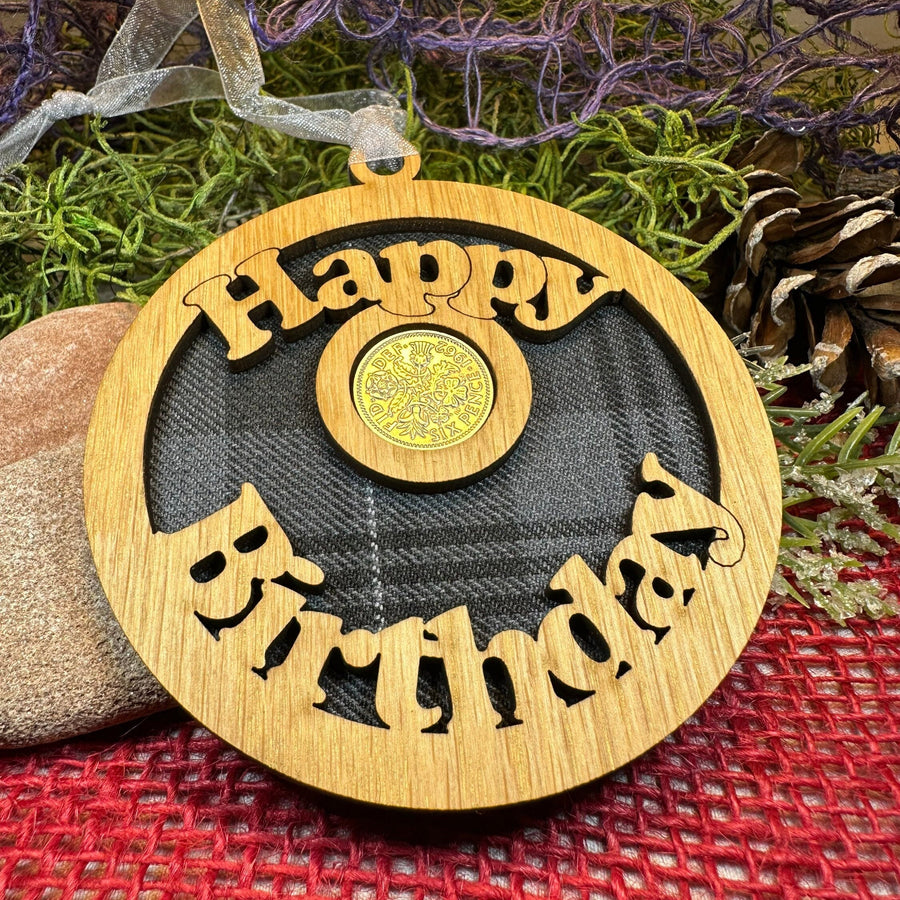 Birthday Gift, Lucky Sixpence, Scotland Gift, Happy Birthday, Tartan Gift, Christmas Ornament, Good Luck Gift, Oak Wood Plaque, Irish Gift