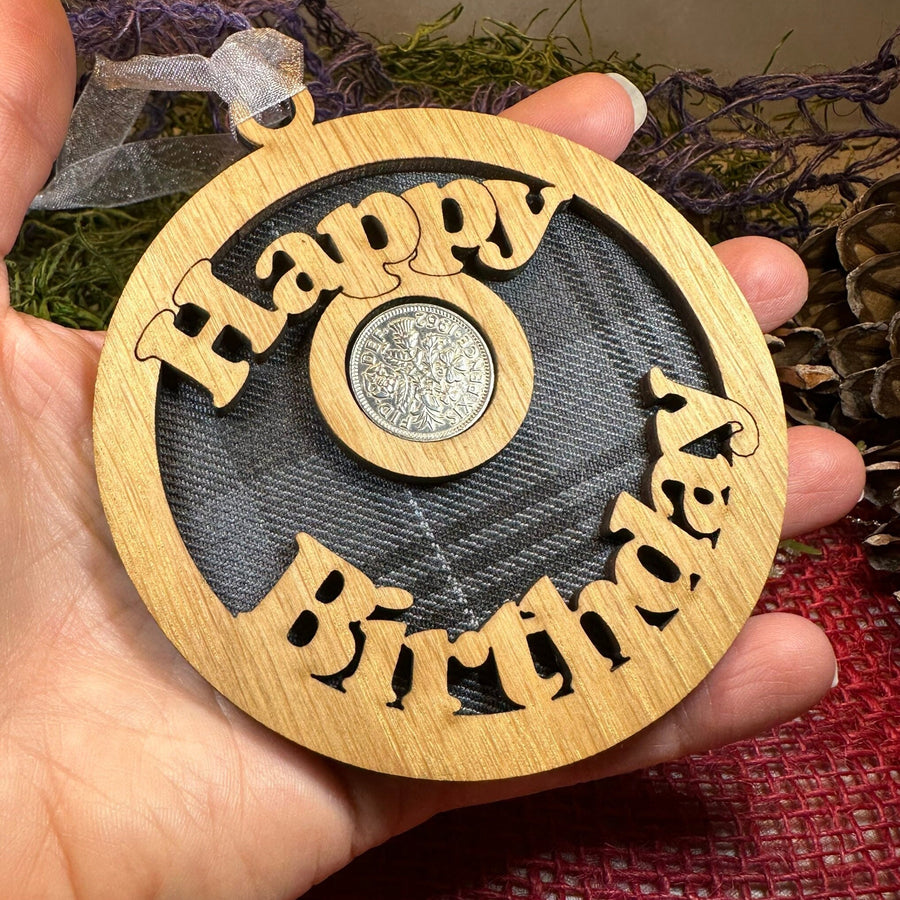 Birthday Gift, Lucky Sixpence, Scotland Gift, Happy Birthday, Tartan Gift, Christmas Ornament, Good Luck Gift, Oak Wood Plaque, Irish Gift