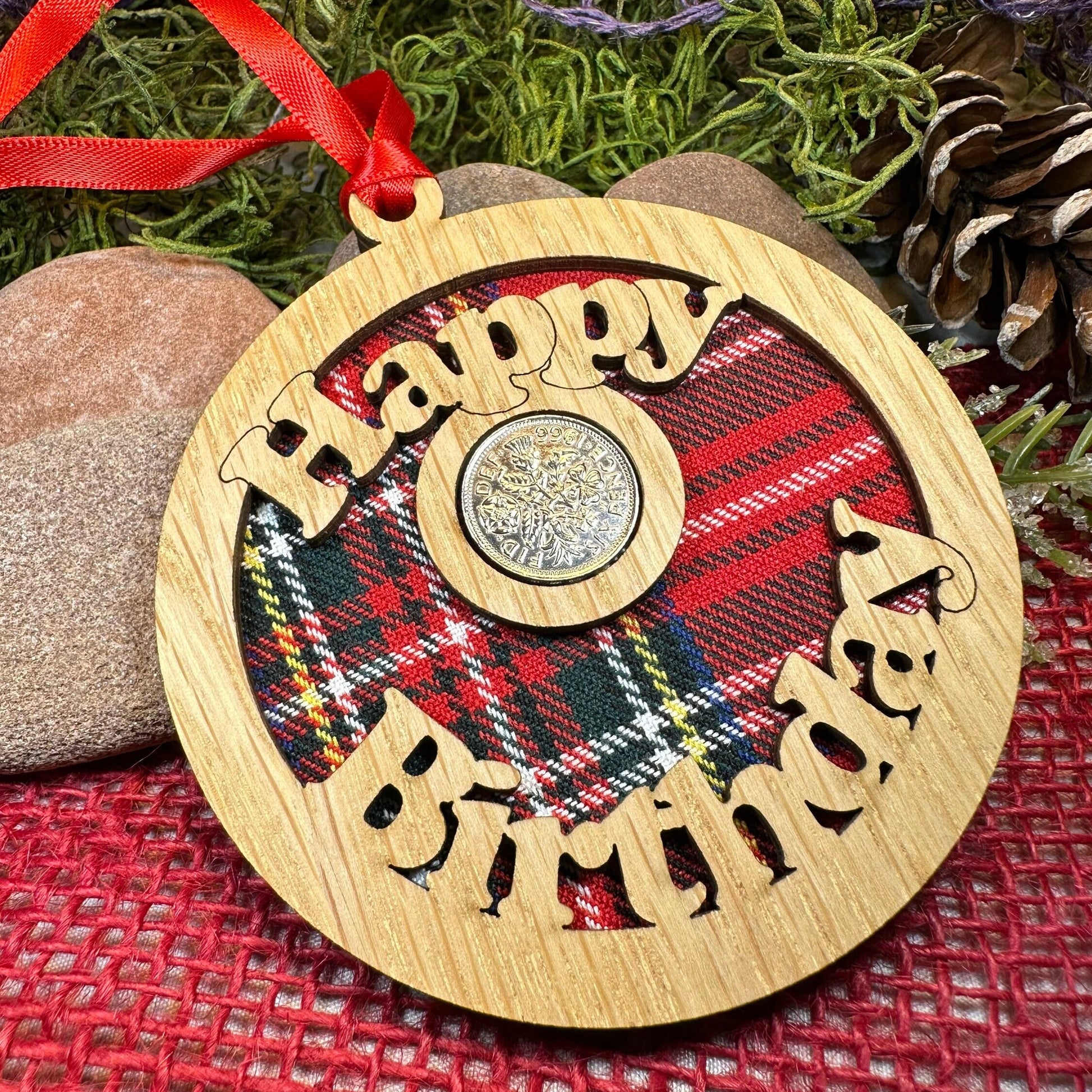 Birthday Gift, Lucky Sixpence, Scotland Gift, Happy Birthday, Tartan Gift, Christmas Ornament, Good Luck Gift, Oak Wood Plaque, Irish Gift