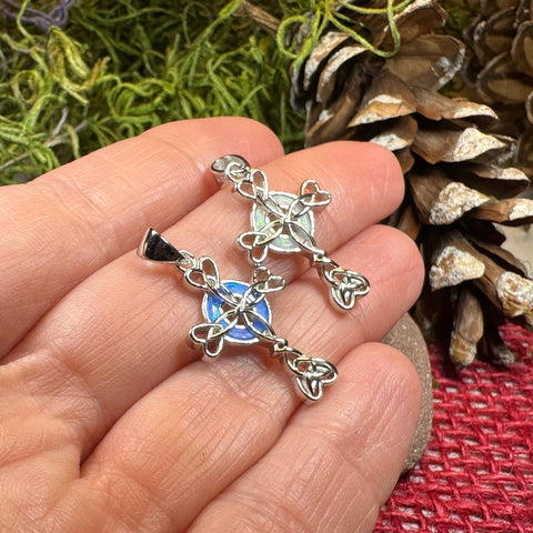 Load image into Gallery viewer, Celtic Cross Necklace, Irish Jewelry, Celtic Jewelry, First Communion Gift, Confirmation Gift, Irish Cross, Religious Jewelry, Opal Mom Gift

