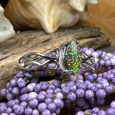 Load image into Gallery viewer, Celtic Fire Opal Ring, Celtic Ring, Irish Ring, Black Opal Ring, Celtic Promise Ring, Anniversary Gift, Scottish Red Ring, Cocktail Ring
