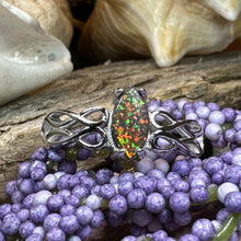 Load image into Gallery viewer, Celtic Fire Opal Ring, Celtic Ring, Irish Ring, Black Opal Ring, Celtic Promise Ring, Anniversary Gift, Scottish Red Ring, Cocktail Ring
