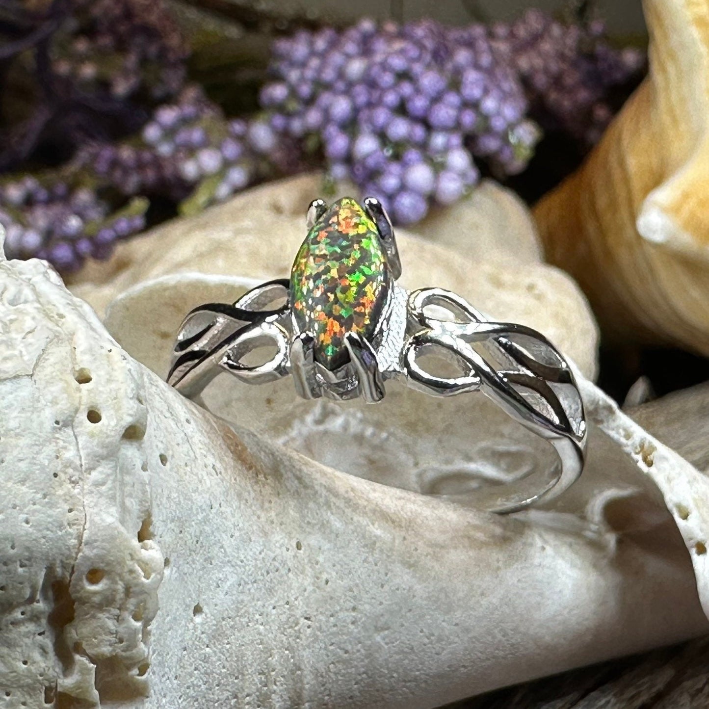 Celtic Fire Opal Ring, Celtic Ring, Irish Ring, Black Opal Ring, Celtic Promise Ring, Anniversary Gift, Scottish Red Ring, Cocktail Ring