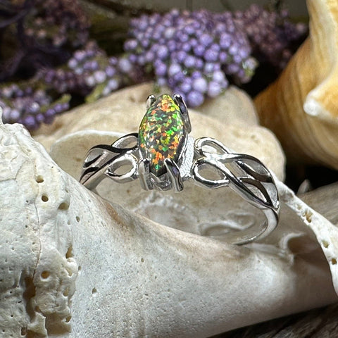 Load image into Gallery viewer, Celtic Fire Opal Ring, Celtic Ring, Irish Ring, Black Opal Ring, Celtic Promise Ring, Anniversary Gift, Scottish Red Ring, Cocktail Ring
