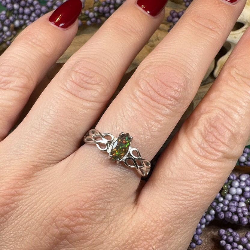 Celtic Fire Opal Ring, Celtic Ring, Irish Ring, Black Opal Ring, Celtic Promise Ring, Anniversary Gift, Scottish Red Ring, Cocktail Ring