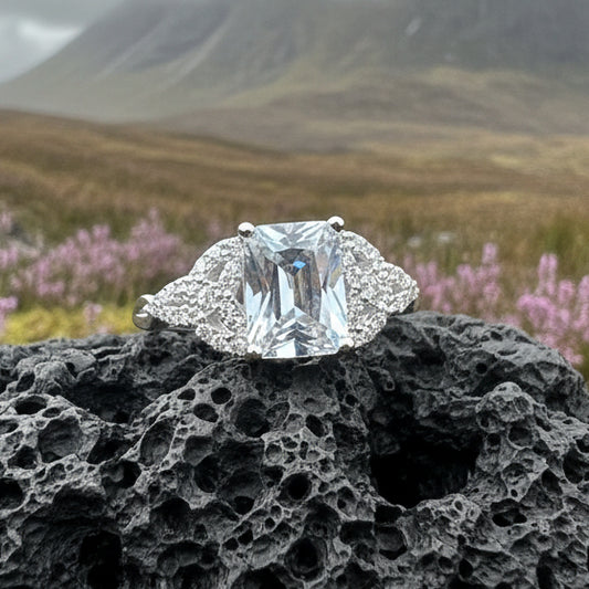 Celtic Engagement Ring, Diamond Promise Ring, Scotland Ring, Princess Cut Ring, Celtic Knot Jewelry, Anniversary Gift, Ladies Cocktail Ring