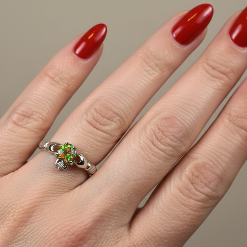 Claddagh Ring, Celtic Jewelry, Irish Jewelry, Black Fire Opal Ring, Irish Ring, Heart Jewelry, Anniversary Gift, Bridal Ring, Promise Ring