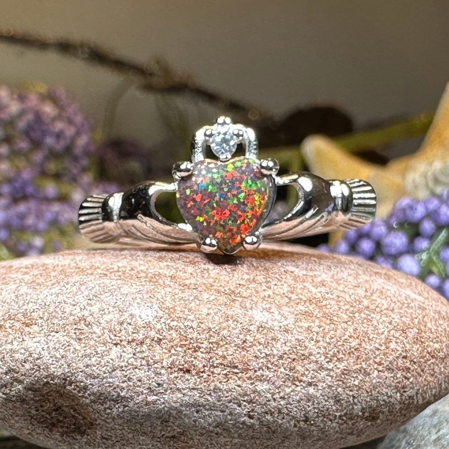 Kriskate & Co. Gold Tone Claddagh Ring - Sterling Silver With Black CZ, Irish Heart Hands Crown Design