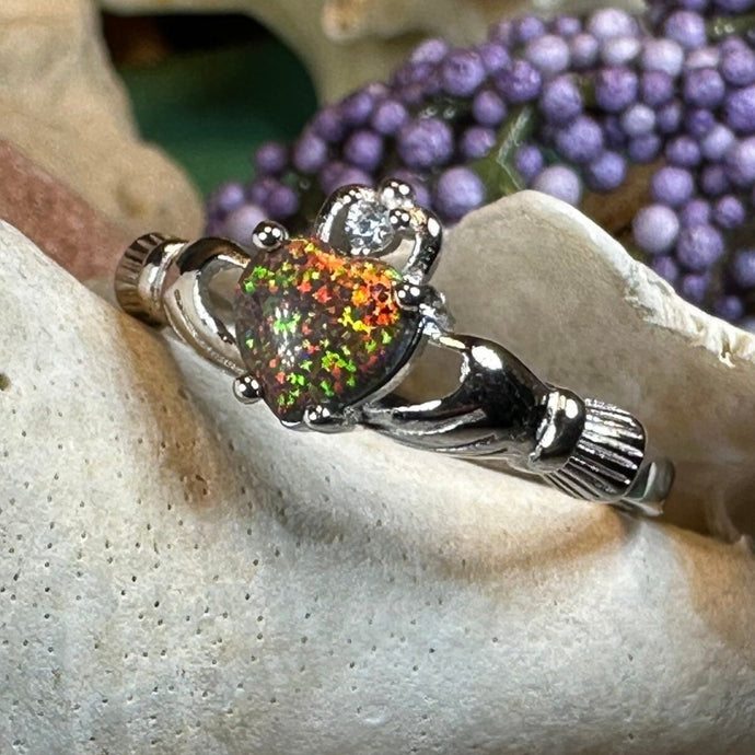 Claddagh Ring, Celtic Jewelry, Irish Jewelry, Black Fire Opal Ring, Irish Ring, Heart Jewelry, Anniversary Gift, Bridal Ring, Promise Ring