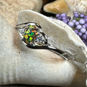 Black Fire Opal Ring, Celtic Ring, Irish Ring, Opal Jewelry, Ladies Promise Ring, Anniversary Gift, Scottish Red Ring, Boho Ring, Mom Gift