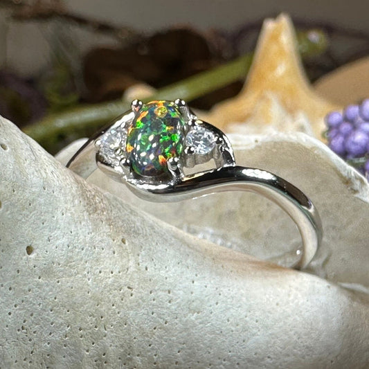 Black Fire Opal Ring, Celtic Ring, Irish Ring, Opal Jewelry, Ladies Promise Ring, Anniversary Gift, Scottish Red Ring, Boho Ring, Mom Gift