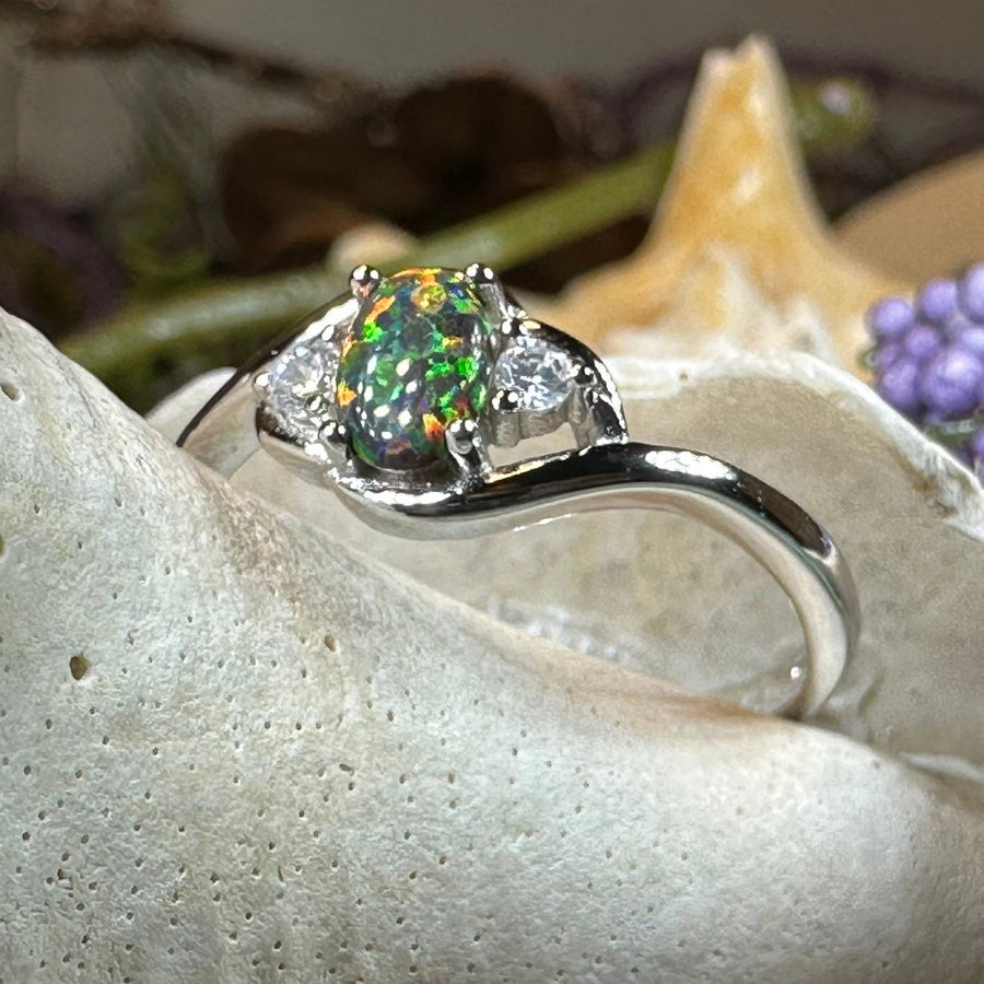 Black Fire Opal Ring, Celtic Ring, Irish Ring, Opal Jewelry, Ladies Promise Ring, Anniversary Gift, Scottish Red Ring, Boho Ring, Mom Gift