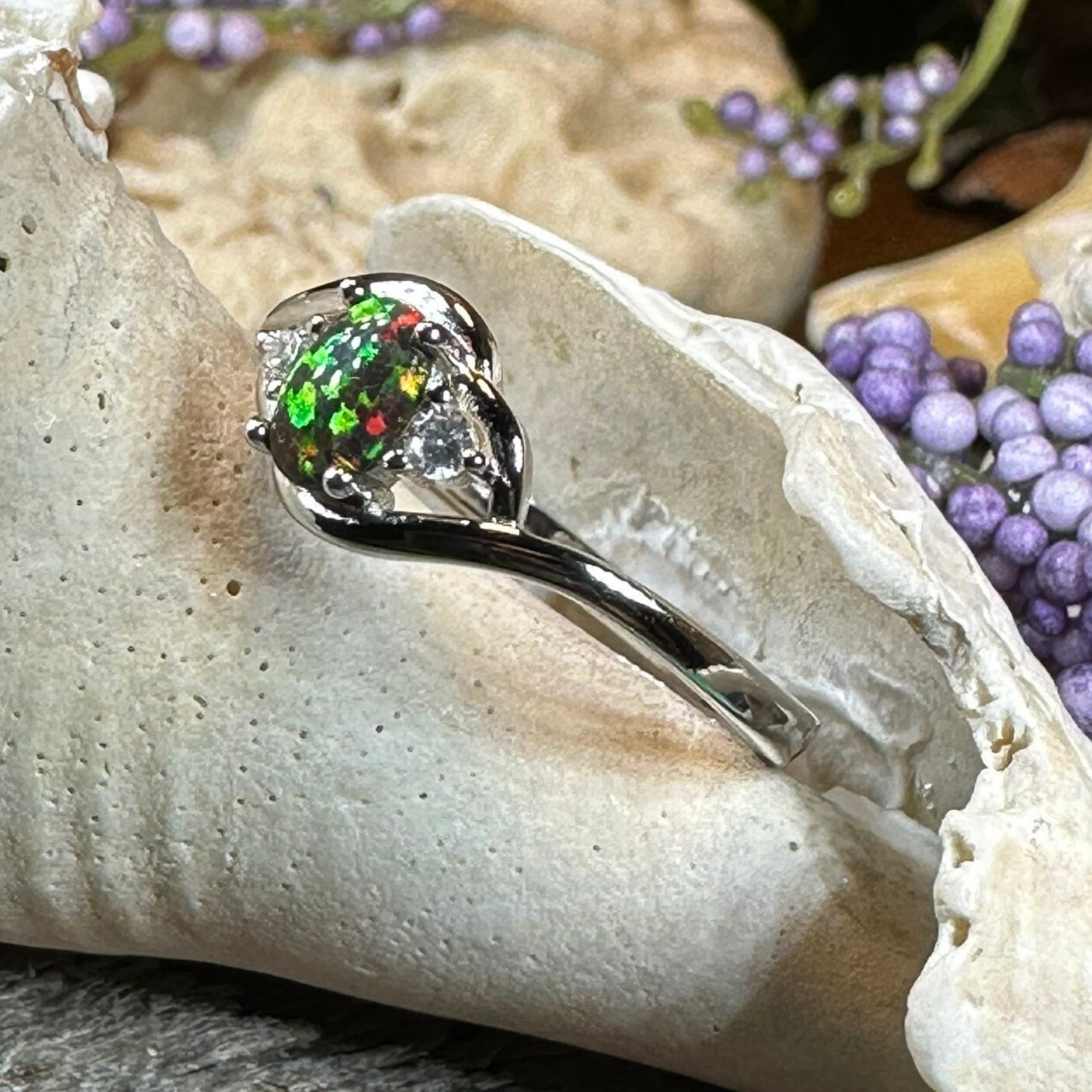 Black Fire Opal Ring, Celtic Ring, Irish Ring, Opal Jewelry, Ladies Promise Ring, Anniversary Gift, Scottish Red Ring, Boho Ring, Mom Gift