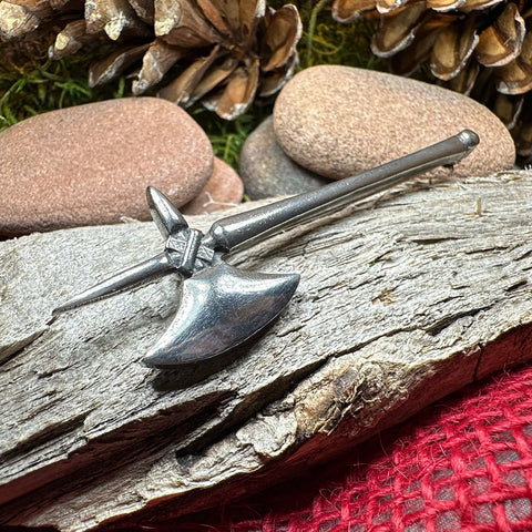 Load image into Gallery viewer, Medieval Battle Axe Kilt Pin, Pole Axe Pin, Scotland Kilt Pin, Scottish Brooch, Sword Brooch, Viking Pin, Scotland Gift, Dad Gift

