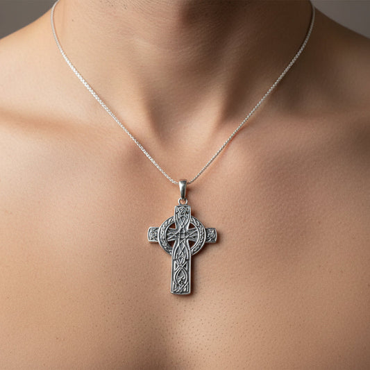 Irish Cross Necklace, Celtic Cross Pendant, Scotland Jewelry, Anniversary Gift, Communion Gift, Man's Religious Jewelry, Boys Silver Cross