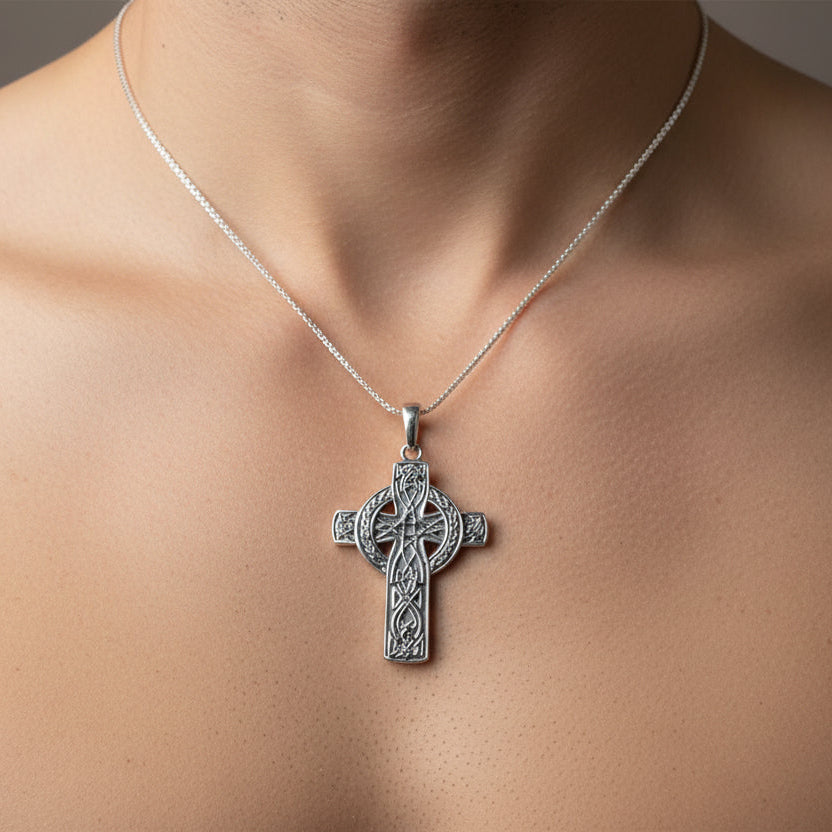 Irish Cross Necklace, Celtic Cross Pendant, Scotland Jewelry, Anniversary Gift, Communion Gift, Man's Religious Jewelry, Boys Silver Cross
