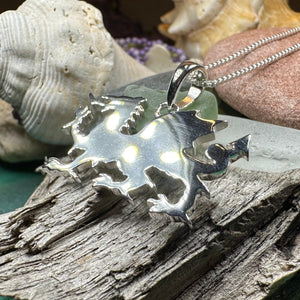 Welsh Dragon Necklace, Wales Pendant, Large Celtic Dragon, Celtic Jewelry, Silver Dragon, Pagan Jewelry, Wiccan Jewelry, Fantasy Jewelty