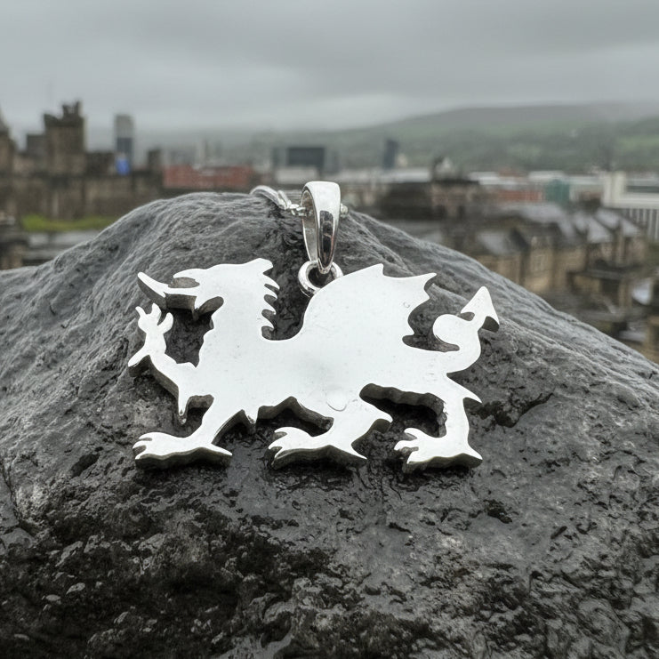 Welsh Dragon Necklace, Wales Pendant, Large Celtic Dragon, Celtic Jewelry, Silver Dragon, Pagan Jewelry, Wiccan Jewelry, Fantasy Jewelty
