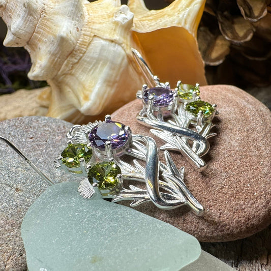 Thistle Earrings, Celtic Jewelry, Scotland Jewelry, Outlander Jewelry, Girlfriend Gift, Peridot Gift, Mom Gift, Nature Jewelry, Wife Gift