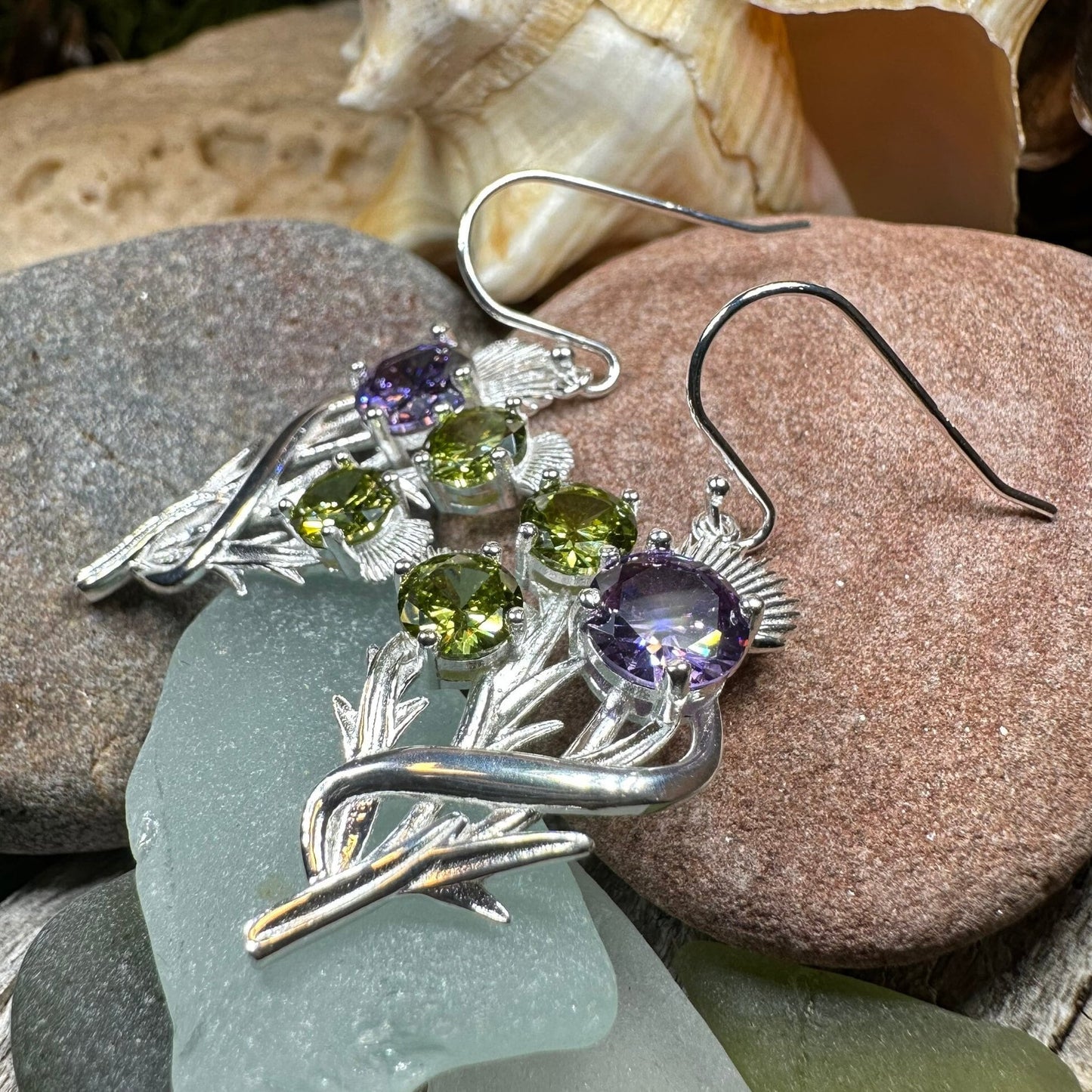 Thistle Earrings, Celtic Jewelry, Scotland Jewelry, Outlander Jewelry, Girlfriend Gift, Peridot Gift, Mom Gift, Nature Jewelry, Wife Gift