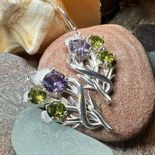 Thistle Earrings, Celtic Jewelry, Scotland Jewelry, Outlander Jewelry, Girlfriend Gift, Peridot Gift, Mom Gift, Nature Jewelry, Wife Gift
