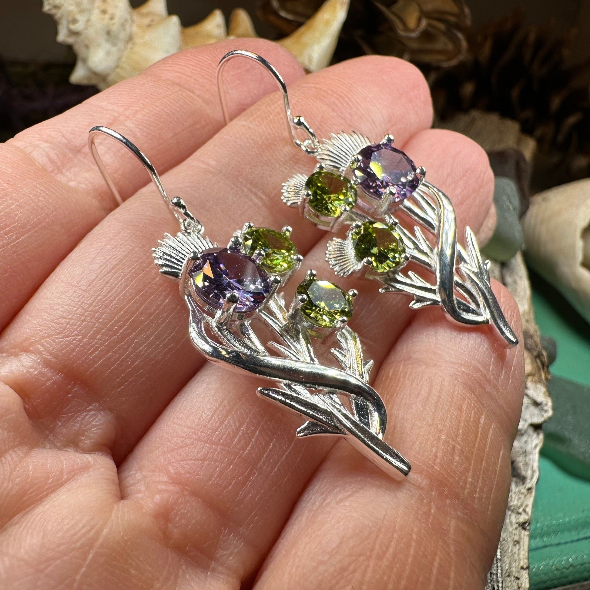 Thistle Earrings, Celtic Jewelry, Scotland Jewelry, Outlander Jewelry, Girlfriend Gift, Peridot Gift, Mom Gift, Nature Jewelry, Wife Gift