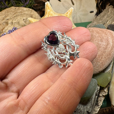 Load image into Gallery viewer, Thistle Brooch, Scotland Jewelry, Outlander Jewelry, Bridal Brooch, Thistle Jewelry, Scottish Jewelry, Celtic Brooch, Amethyst Silver Pin
