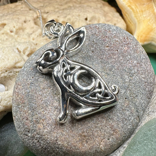 Rabbit Necklace, Crescent Moon Pendant, Celestial Jewelry, Mystical Jewelry, Moonstone Jewelry, Celtic Pendant, Silver Pendant, Irish Gift