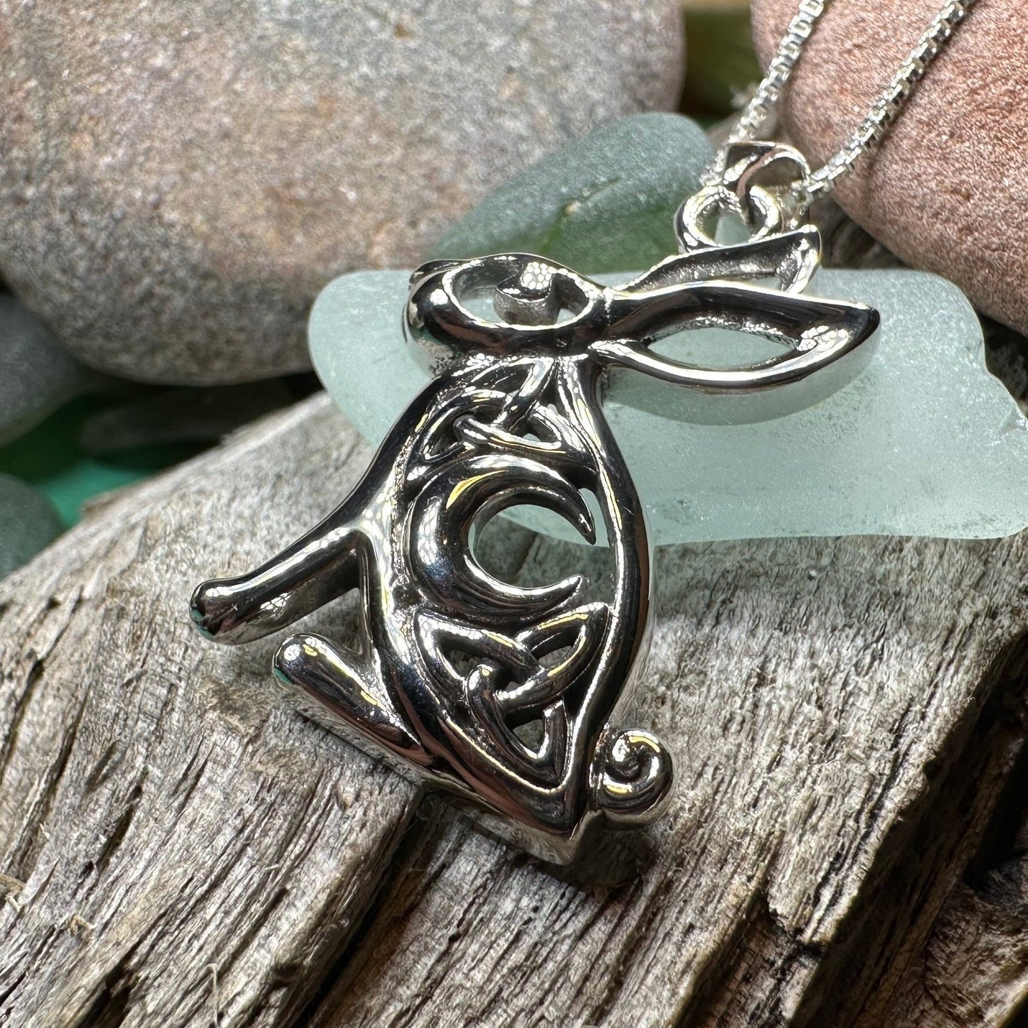 Rabbit Necklace, Crescent Moon Pendant, Celestial Jewelry, Mystical Jewelry, Moonstone Jewelry, Celtic Pendant, Silver Pendant, Irish Gift