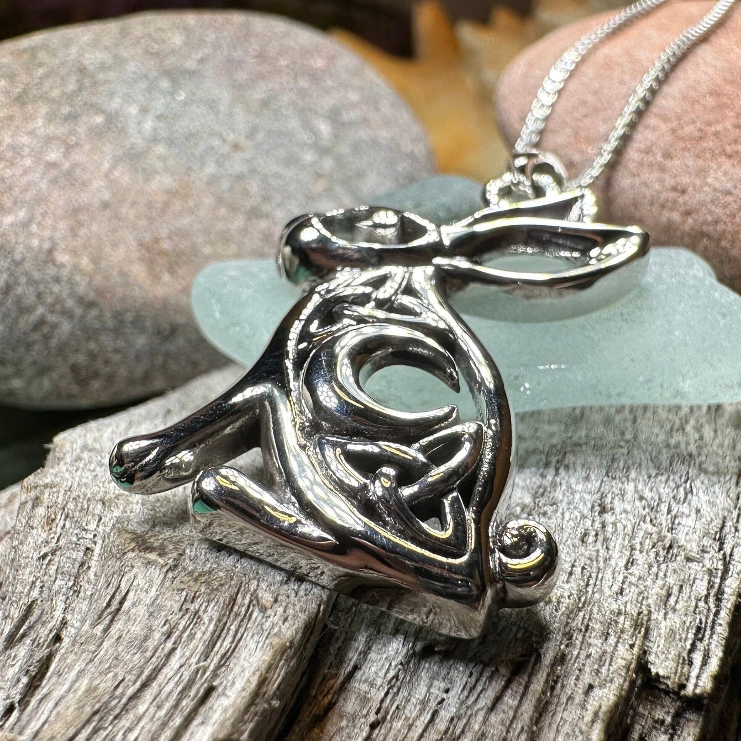 Rabbit Necklace, Crescent Moon Pendant, Celestial Jewelry, Mystical Jewelry, Moonstone Jewelry, Celtic Pendant, Silver Pendant, Irish Gift