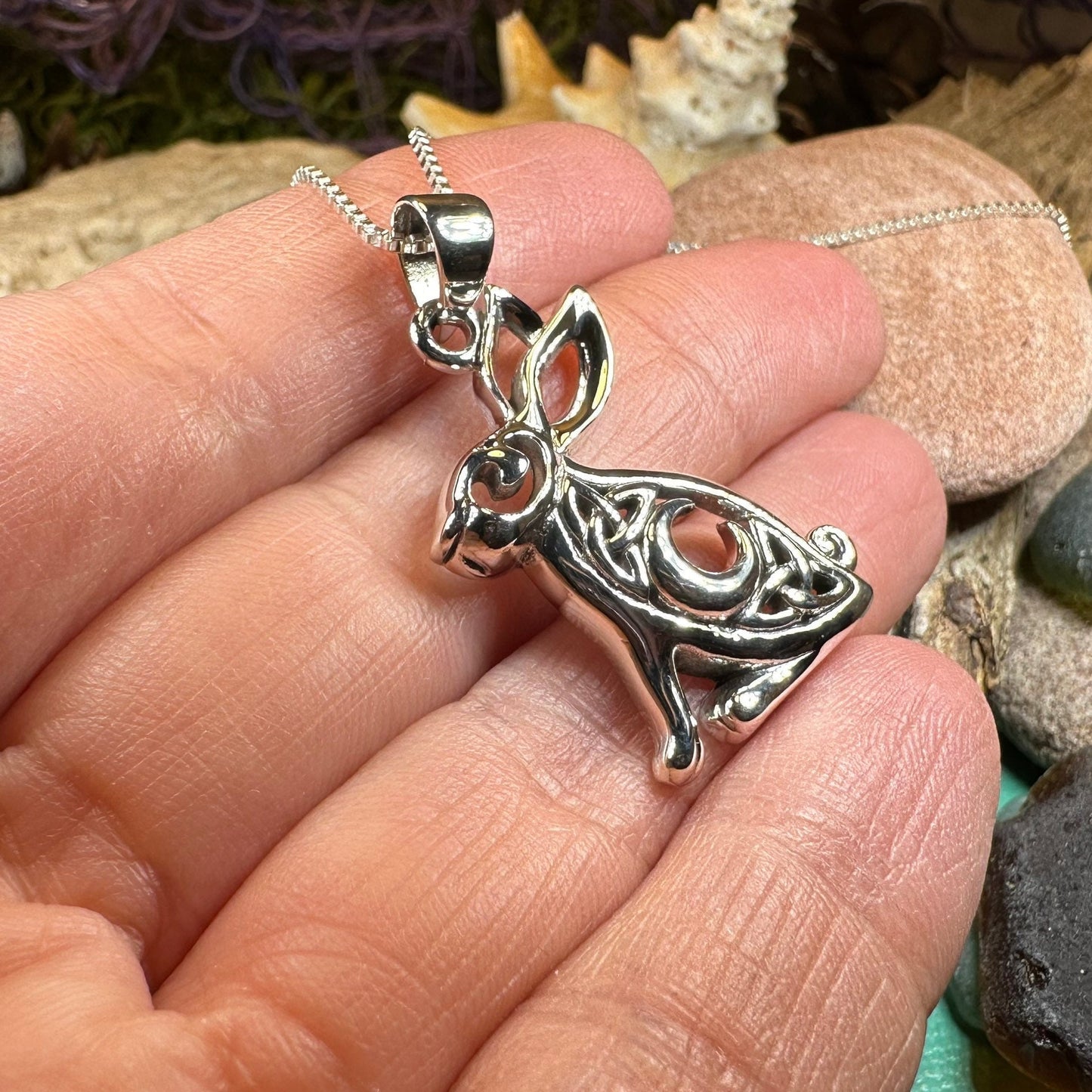 Rabbit Necklace, Crescent Moon Pendant, Celestial Jewelry, Mystical Jewelry, Moonstone Jewelry, Celtic Pendant, Silver Pendant, Irish Gift