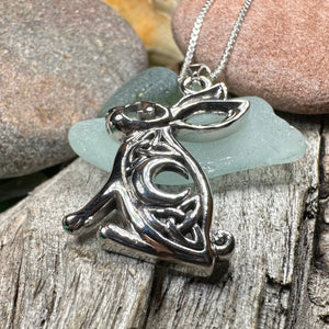 Rabbit Necklace, Crescent Moon Pendant, Celestial Jewelry, Mystical Jewelry, Moonstone Jewelry, Celtic Pendant, Silver Pendant, Irish Gift