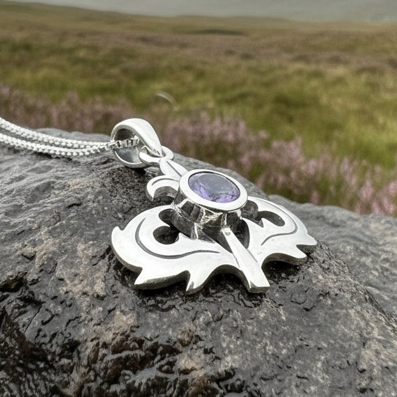Thistle Necklace, Scotland Jewelry, Amethyst Pendant, Celtic Jewelry, Sister Gift, Mom Gift, Wife Gift, Anniversary Gift, Scotland Gift