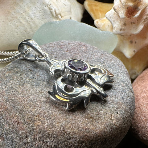 Load image into Gallery viewer, Thistle Necklace, Scotland Jewelry, Amethyst Pendant, Celtic Jewelry, Sister Gift, Mom Gift, Wife Gift, Anniversary Gift, Scotland Gift
