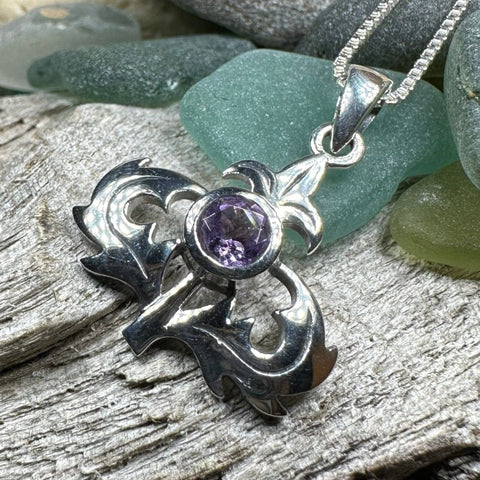 Load image into Gallery viewer, Thistle Necklace, Scotland Jewelry, Amethyst Pendant, Celtic Jewelry, Sister Gift, Mom Gift, Wife Gift, Anniversary Gift, Scotland Gift
