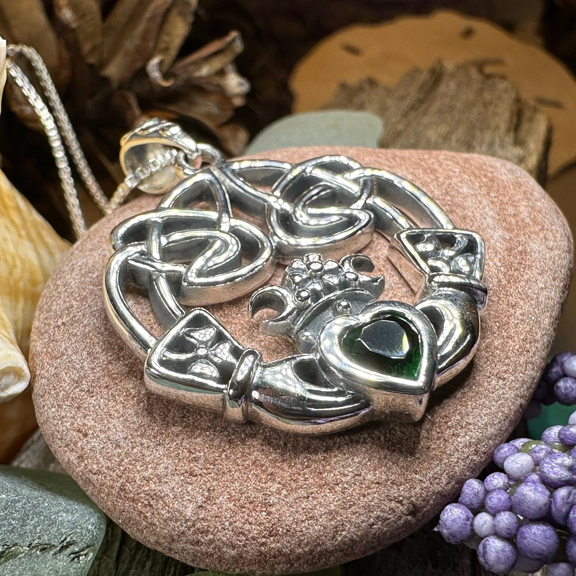 Claddagh Necklace, Irish Jewelry, Emerald Heart Pendant, Anniversary Gift, Graduation Gift, Birthday Gift, Friendship Gift, May Birthstone