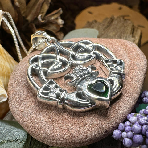 Load image into Gallery viewer, Claddagh Necklace, Irish Jewelry, Emerald Heart Pendant, Anniversary Gift, Graduation Gift, Birthday Gift, Friendship Gift, May Birthstone
