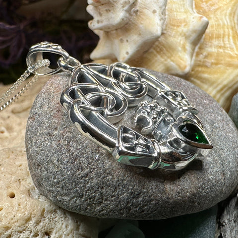 Load image into Gallery viewer, Claddagh Necklace, Irish Jewelry, Emerald Heart Pendant, Anniversary Gift, Graduation Gift, Birthday Gift, Friendship Gift, May Birthstone
