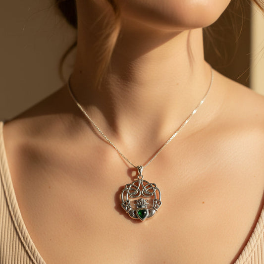 Claddagh Necklace, Irish Jewelry, Emerald Heart Pendant, Anniversary Gift, Graduation Gift, Birthday Gift, Friendship Gift, May Birthstone