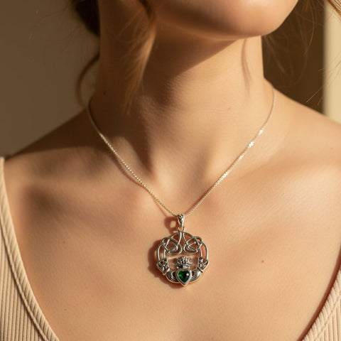 Load image into Gallery viewer, Claddagh Necklace, Irish Jewelry, Emerald Heart Pendant, Anniversary Gift, Graduation Gift, Birthday Gift, Friendship Gift, May Birthstone
