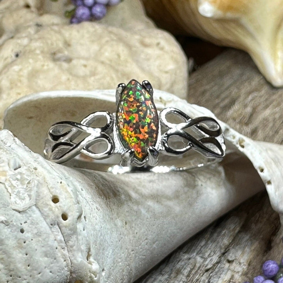 Celtic Fire Opal Ring, Celtic Ring, Irish Ring, Black Opal Ring, Celtic Promise Ring, Anniversary Gift, Scottish Red Ring, Cocktail Ring