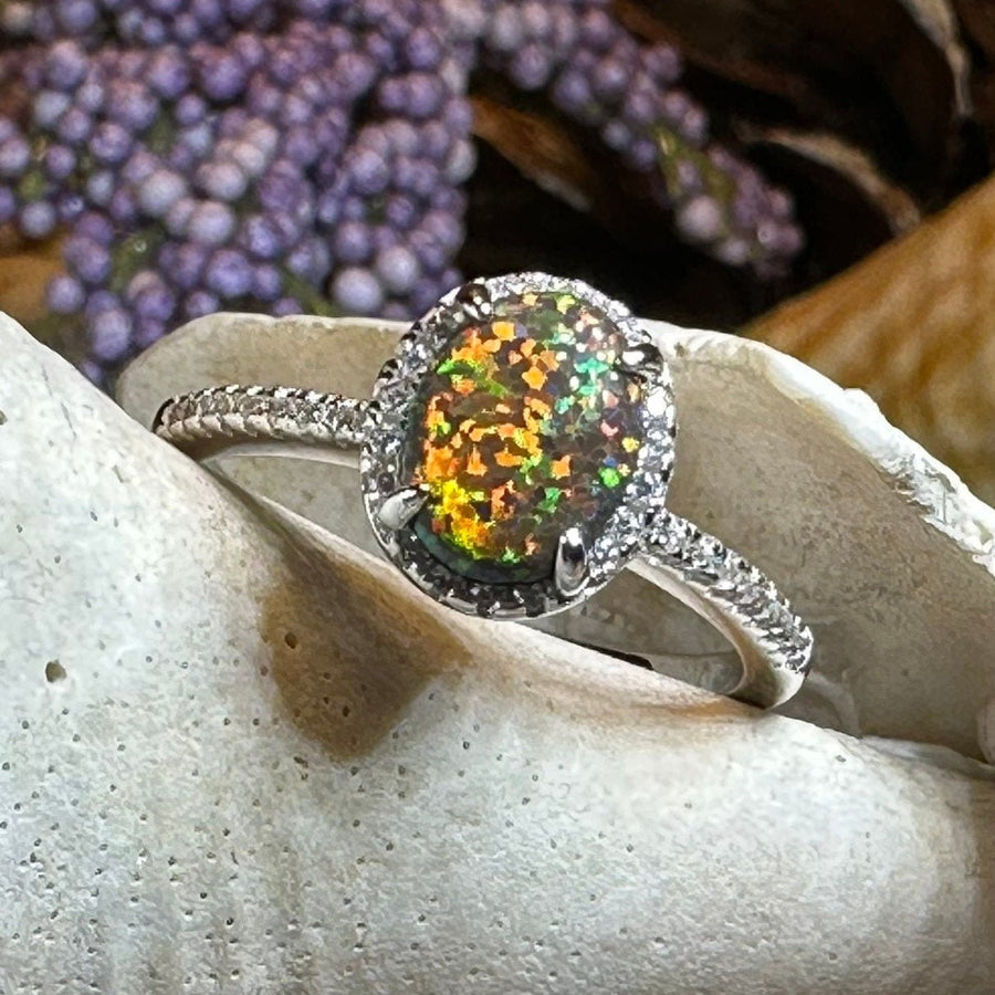 Opal Engagement Ring, Black Opal Ring, Promise Ring, Cocktail Ring, Celtic Pinky Ring, Anniversary Gift, Scottish Red Ring, Large Ring