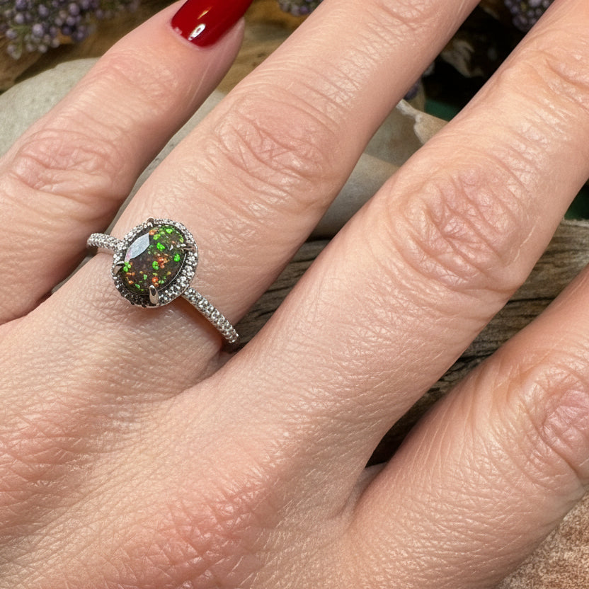 Opal Engagement Ring, Black Opal Ring, Promise Ring, Cocktail Ring, Celtic Pinky Ring, Anniversary Gift, Scottish Red Ring, Large Ring