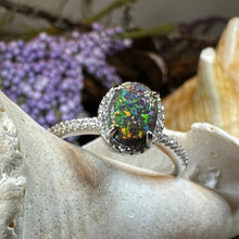 Load image into Gallery viewer, Opal Engagement Ring, Black Opal Ring, Promise Ring, Cocktail Ring, Celtic Pinky Ring, Anniversary Gift, Scottish Red Ring, Large Ring
